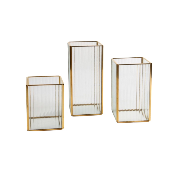 Three Square Glass Lanterns with Gold Trim