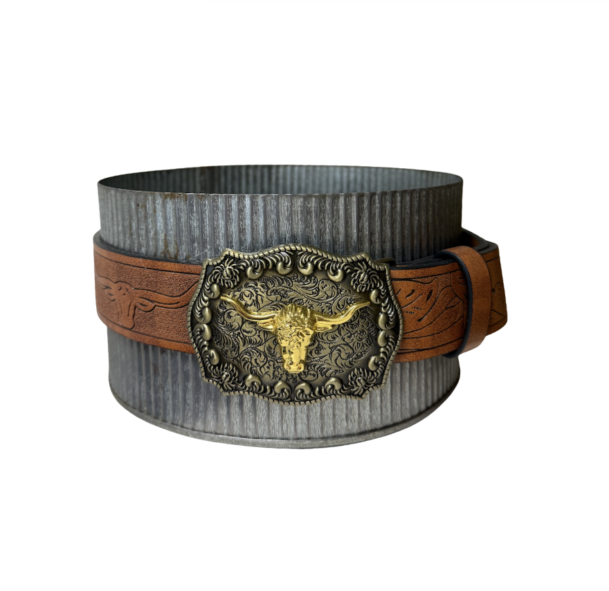 Silver Galvanized Metal Vase with Leather Belt and Gold Buckle